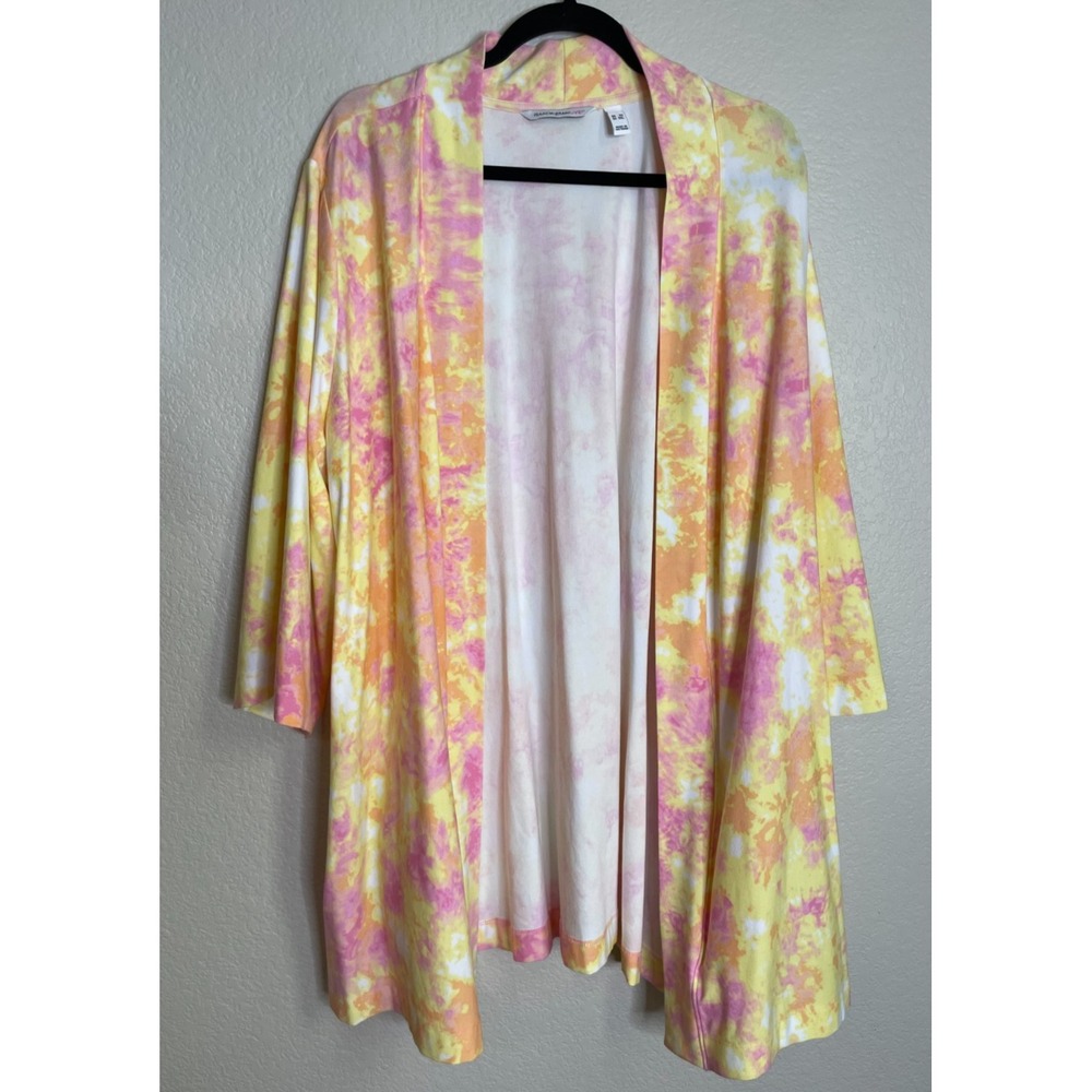 Isaac Mizrahi Live Womens 3X Cardigan Pink Yellow Tie Dye Open Front Pockets